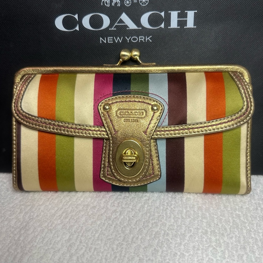 Coach kisslock legacy Gold Trim Multicolor Striped Wallet…